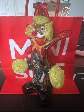 Handmade Art Glass Clown Figurine - Red, Yellow, Brown